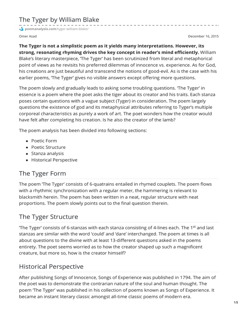 Poemanalysis.com-The Tyger by William Blake | Poetry | Creator Deity