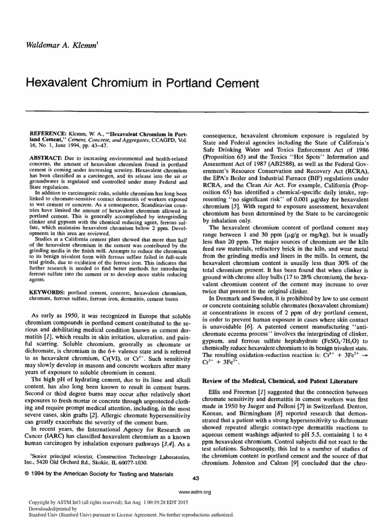 Hexavalent Chromium in Portland Cement PDF Chromium Cement