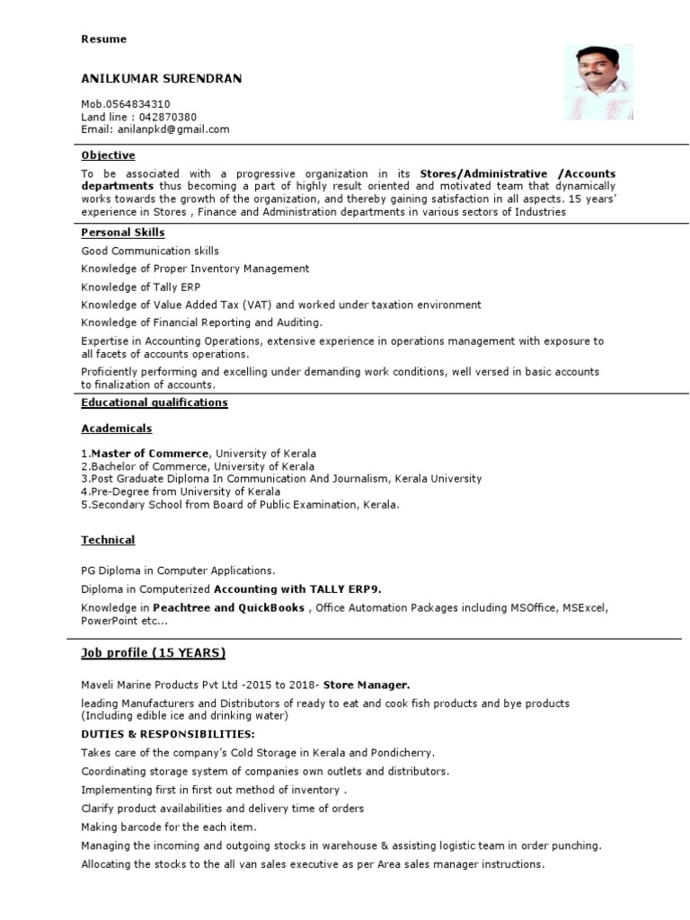 Store Keeper Resume of Anilkumar Surendran | PDF | Inventory | Invoice