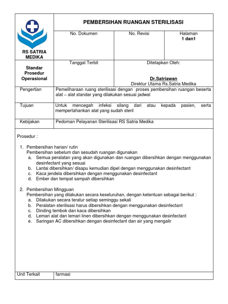 001 SPO CSSD PEMBERSIHAN RUANGAN STERILISASI Satria Medika | PDF