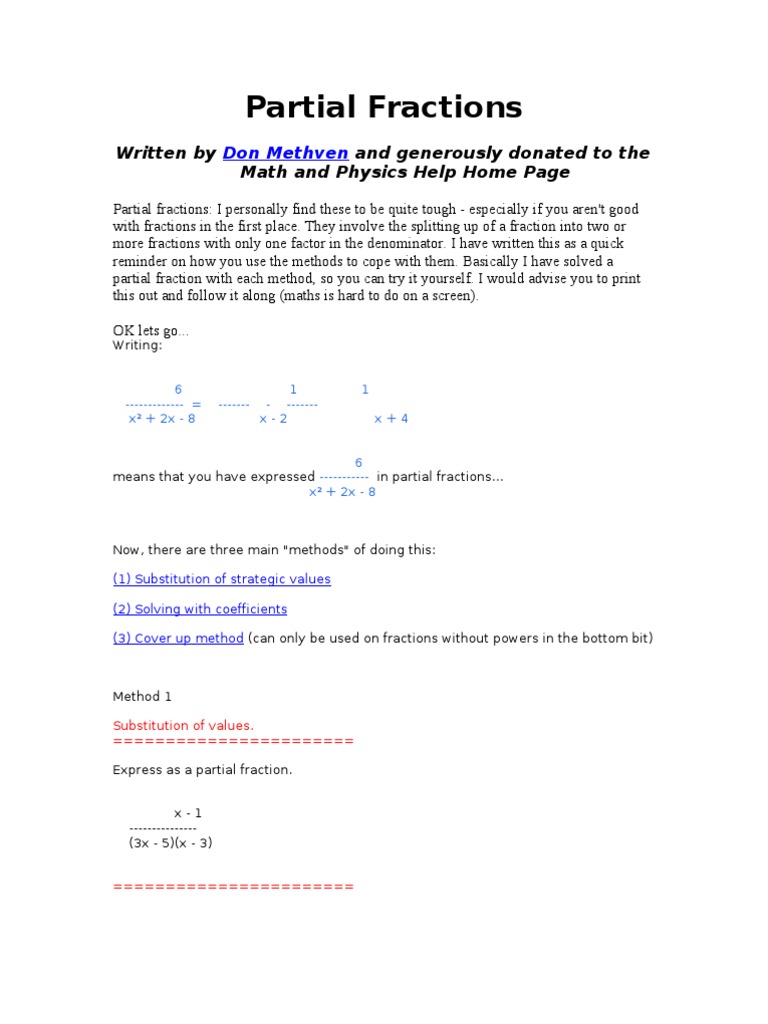 Solving Partial Fractions Methods | PDF | Fraction (Mathematics ...
