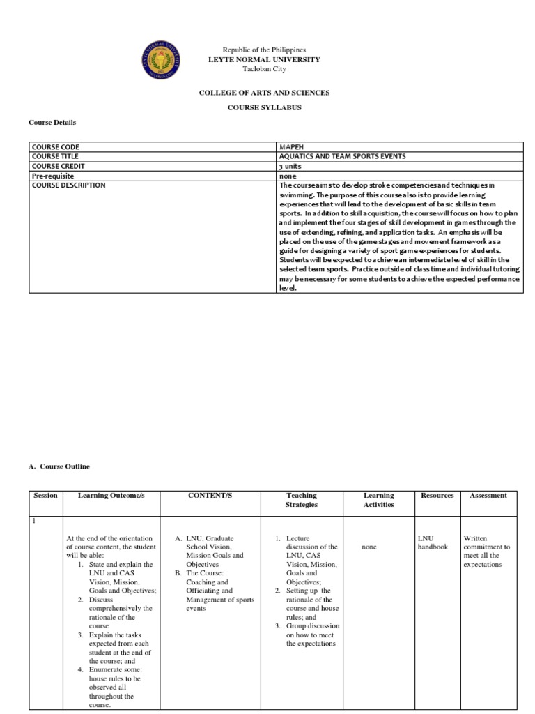 Aquatics Syllabus PDF Swimming Goal