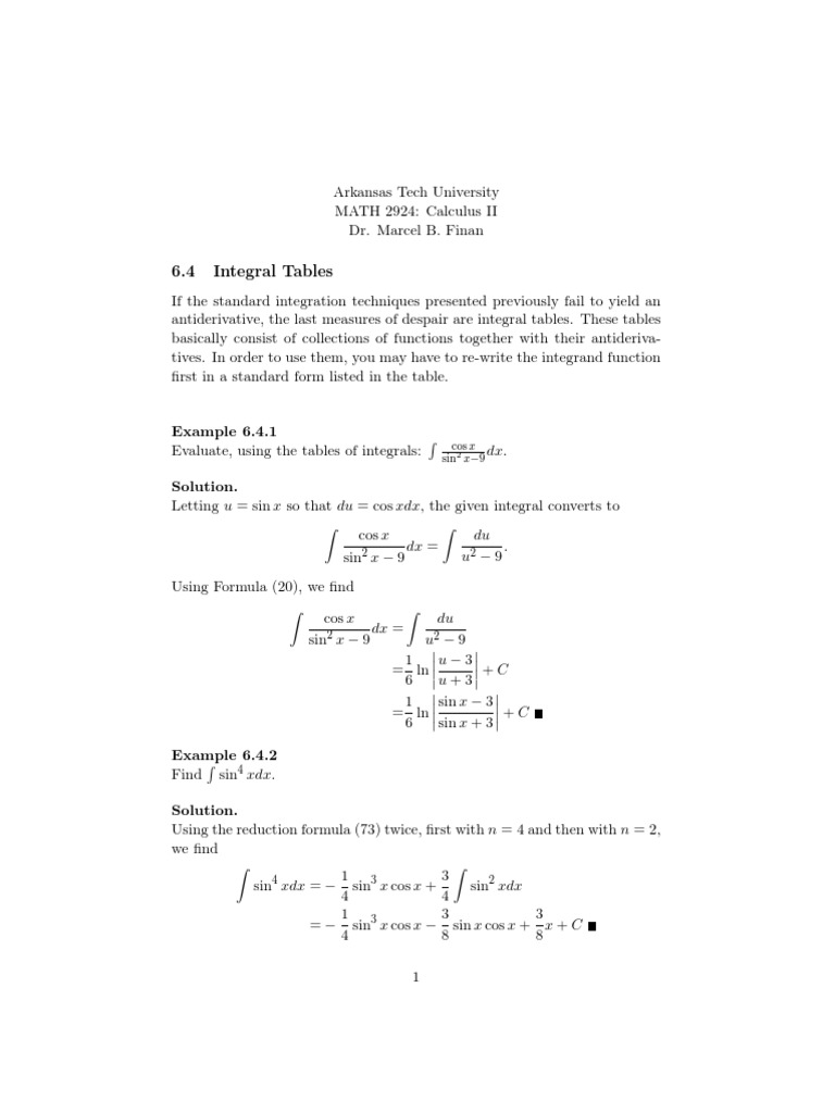 6 4 Integral Tables Cos X Sin X 9 Integral Analysis