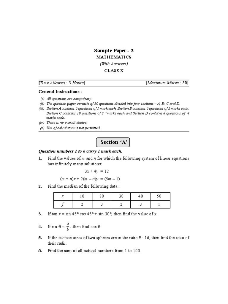 Class X Mathematics Sample Paper with Answers | PDF | Trigonometric ...
