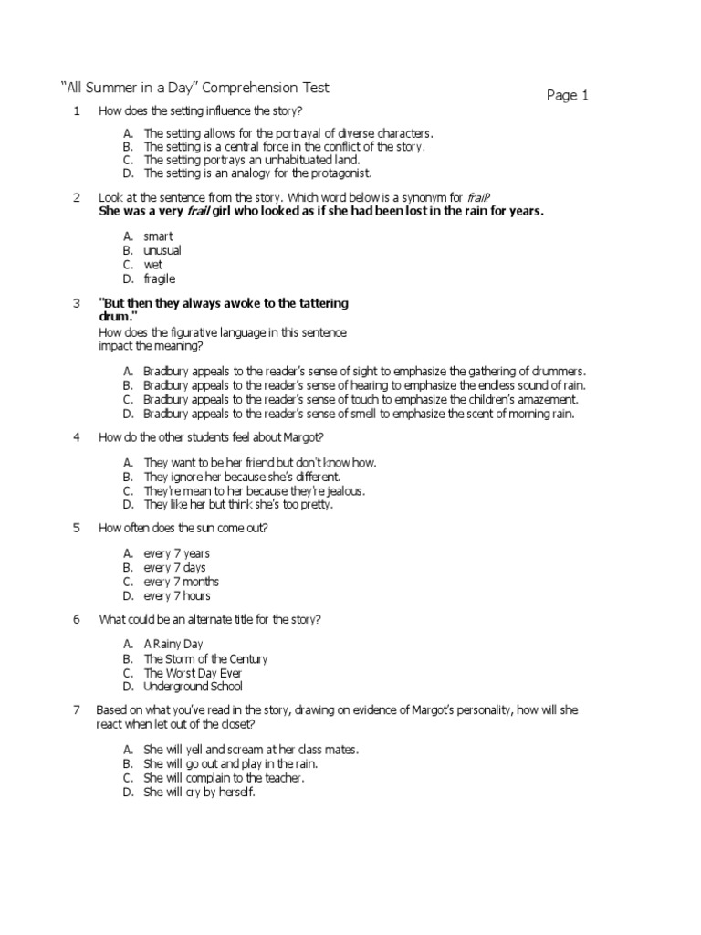 All Summer In A Day Comprehension Test Docx