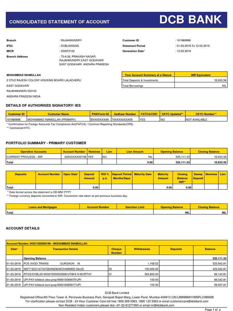 DCB Bank: Consolidated Statement of Account | PDF | Banking | Money