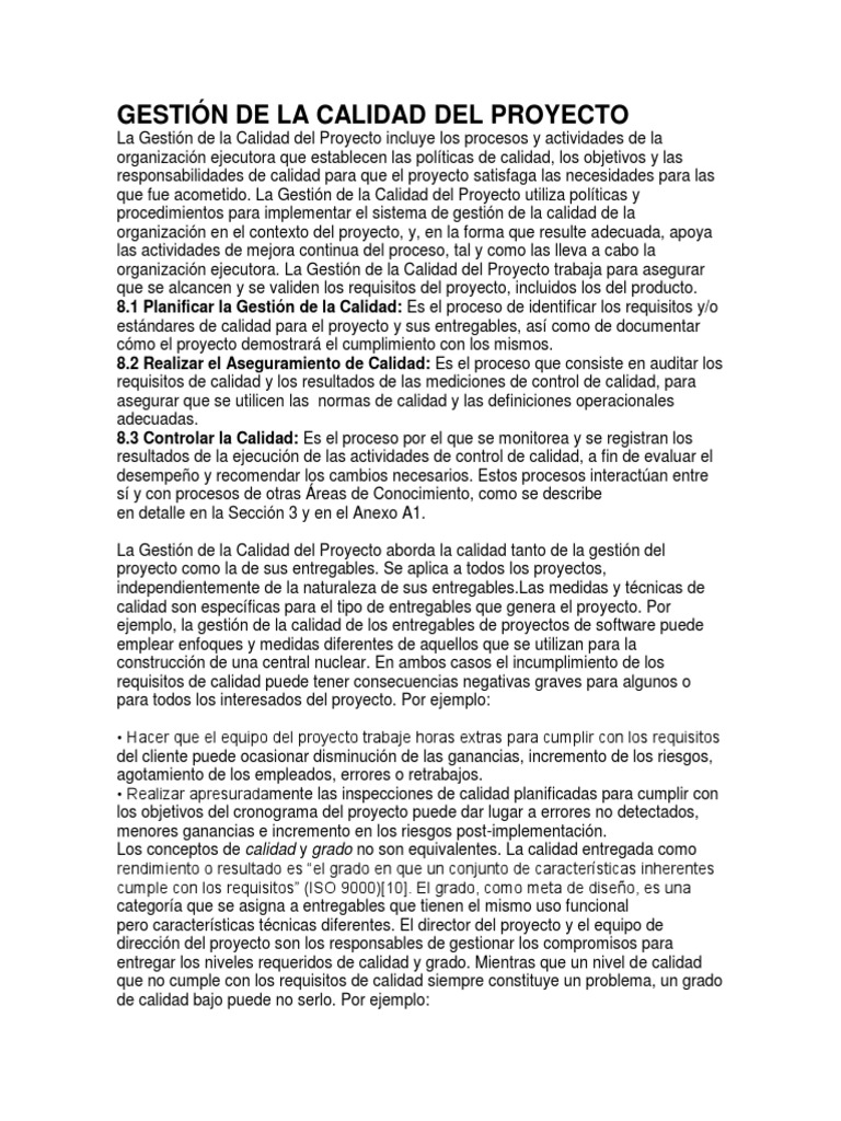 Gestión de La Calidad Del Proyecto | PDF | Gestión de la calidad ...