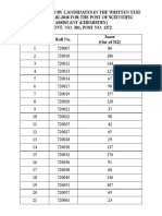 Marks Scored by Candidates in The Written Test Held On 25.02.2018 For The Post of Scientific Assistant (Chemistry) ADVT. NO. 301, POST NO. 1372