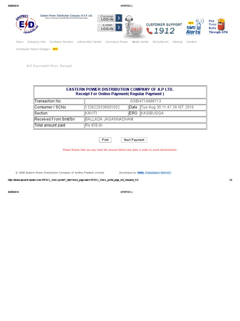 Eastern Power Distribution Company of A.P Ltd. Receipt For Online