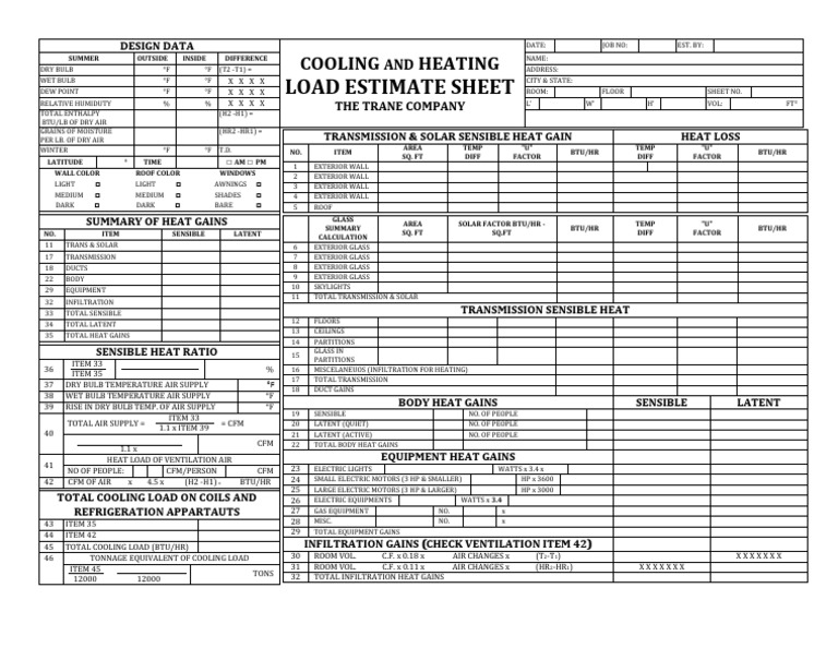 Cooling and Heating Load Estimate Sheet Download Free PDF Building