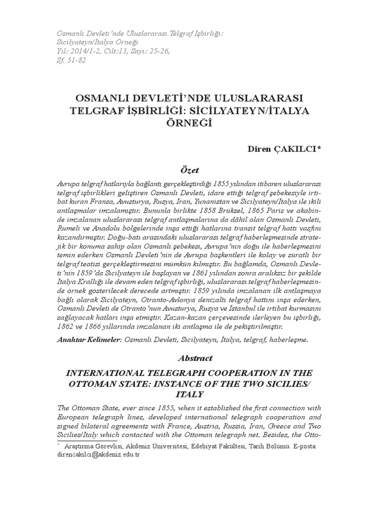 Osmanli Devleti Nde Uluslararasi Telgraf Isbirligi Sicilyateyn Italya Ornegi