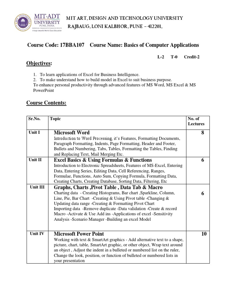 17BBA107 Basics of Computer Application | PDF | Microsoft Excel ...