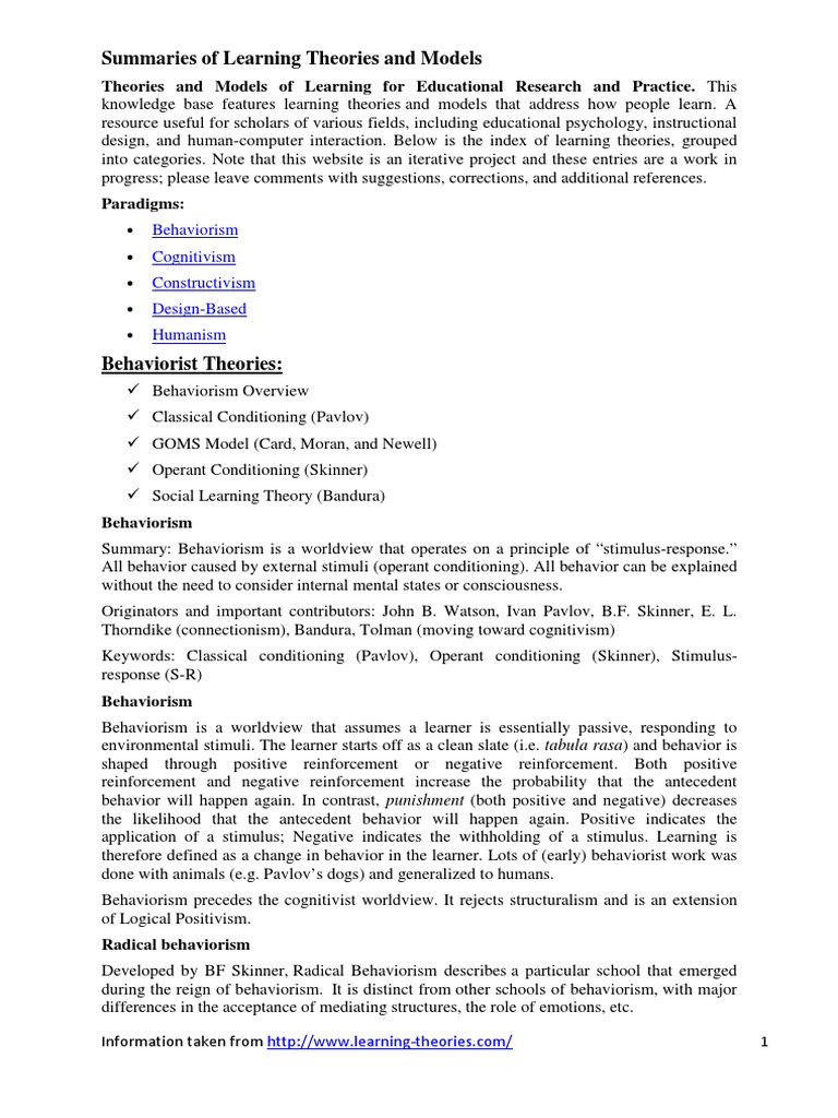 Handout Learing Theories Summary PDF | PDF | Constructivism (Philosophy ...