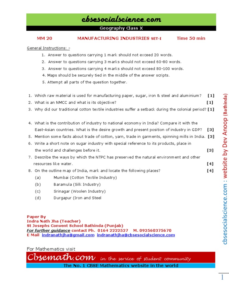 Geography 5 Set 1 PDF Textiles Cotton