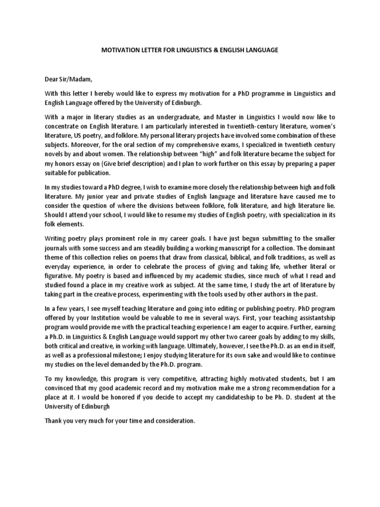 Motivation Letter - Linguistics & English Language | Folklore | Doctor ...