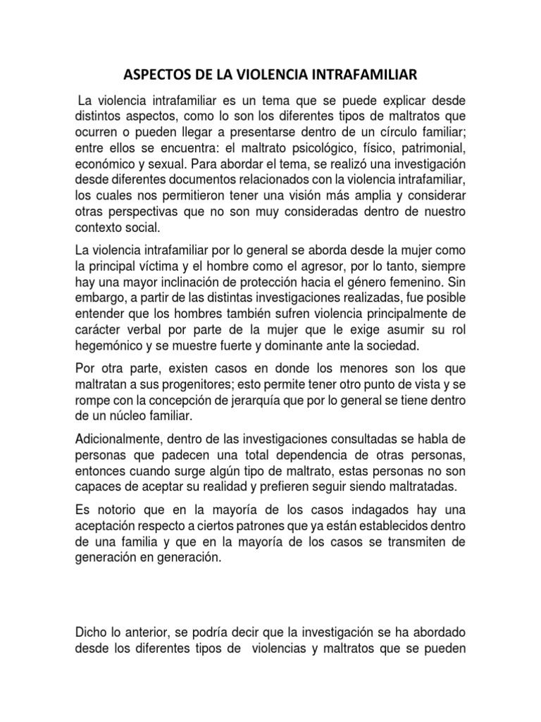 Tipos y Efectos de la Violencia Intrafamiliar | PDF | Violencia ...