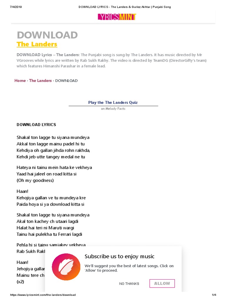 Download Lyrics The Landers Gurlez Akhtar Punjabi Song the landers gurlez akhtar punjabi song