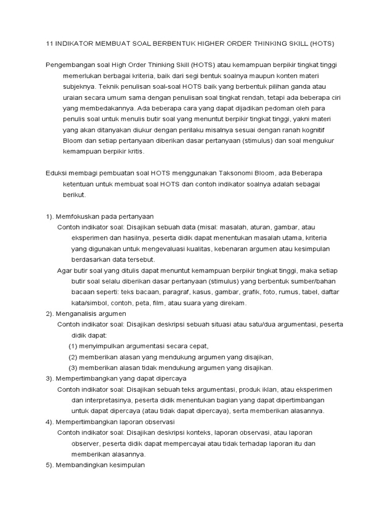 Contoh Indikator Soal Berbentuk Higher Order Thinking Skill | PDF