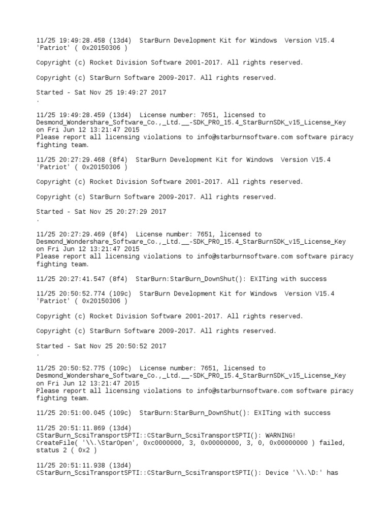 StarBurn SDK V15.4 Windows Log Details | PDF | Blu Ray | Computer ...