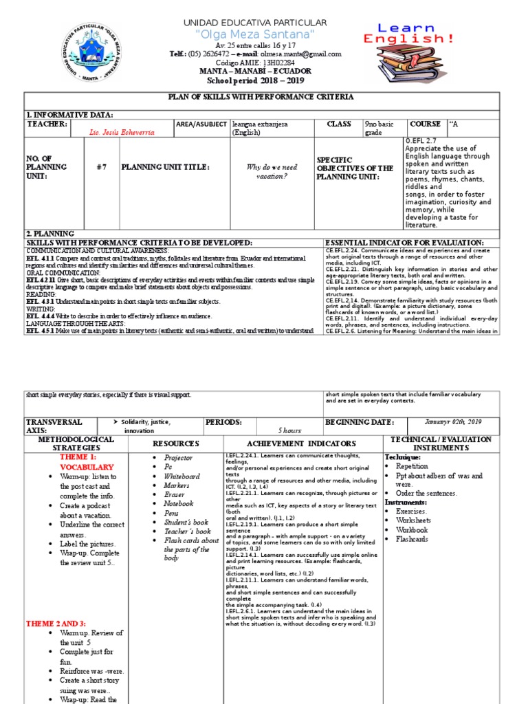 English Skills Plan for 9th Grade | PDF | English As A Second Or ...