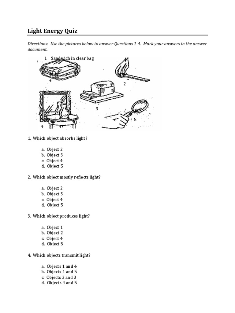 Understanding Light Interactions A Light Energy Quiz PDF Light