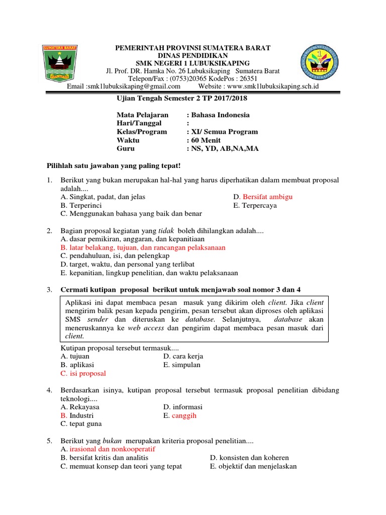Soal Soal Kelas 11 Bahasa Indonesia Mengenai Materi Proposal