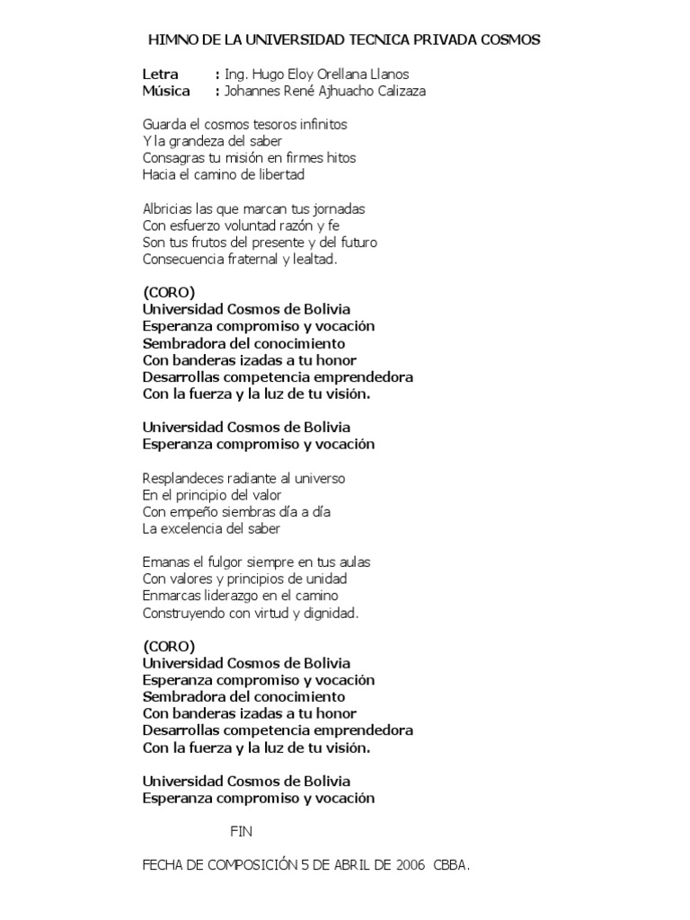 Himno de La Universidad Tecnica Privada Cosmos | PDF