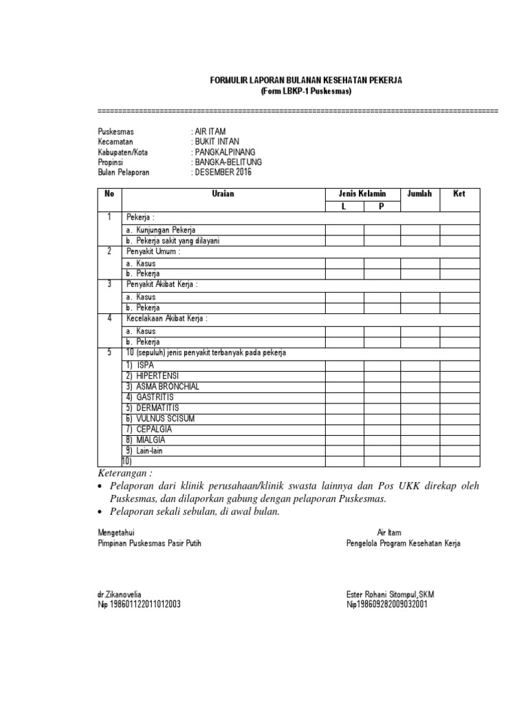 Formulir Laporan Bulanan Kesehatan Pekerja Docx