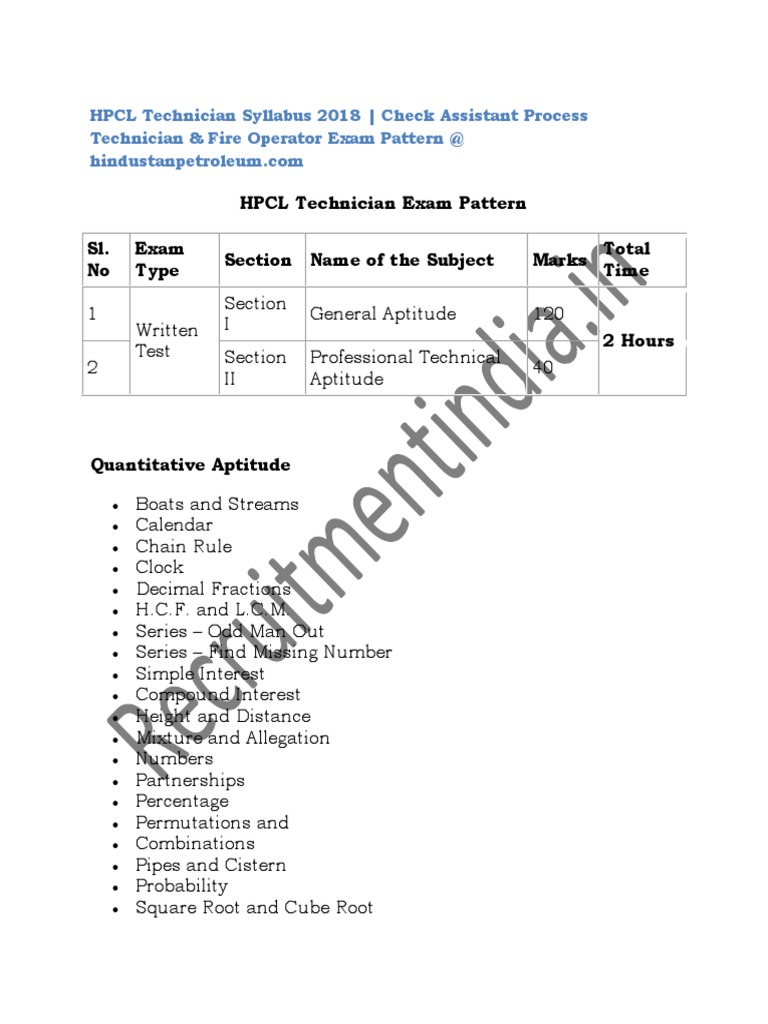 HPCL Technician Exam Pattern Sl. No Exam Type Section Name of The