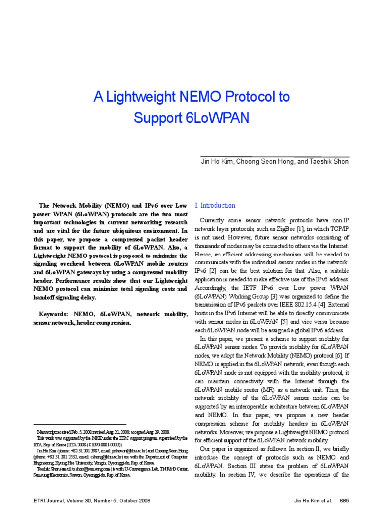 A Lightweight NEMO Protocol To Support 6LoWPAN | PDF | I Pv6 | Internet ...
