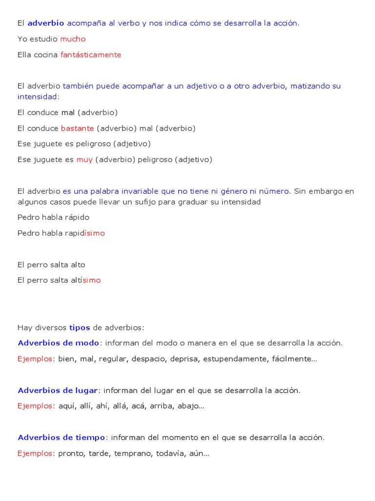 Tipos y ejemplos de adverbios | PDF | Adverbio | Unidades Semánticas