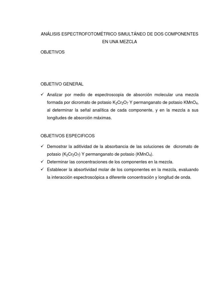 Simultaneous Spectrophotometric Analysis of Two Components in a Mixture PDF Espectroscopia