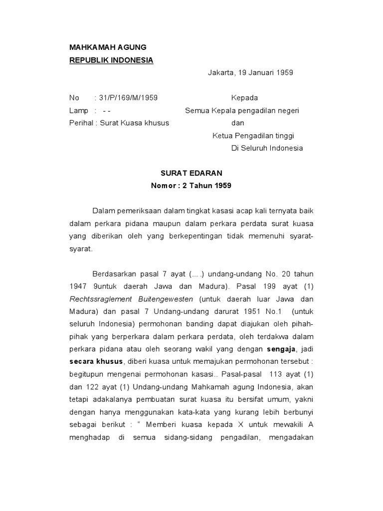Contoh Surat Kuasa Wakil Mahkamah