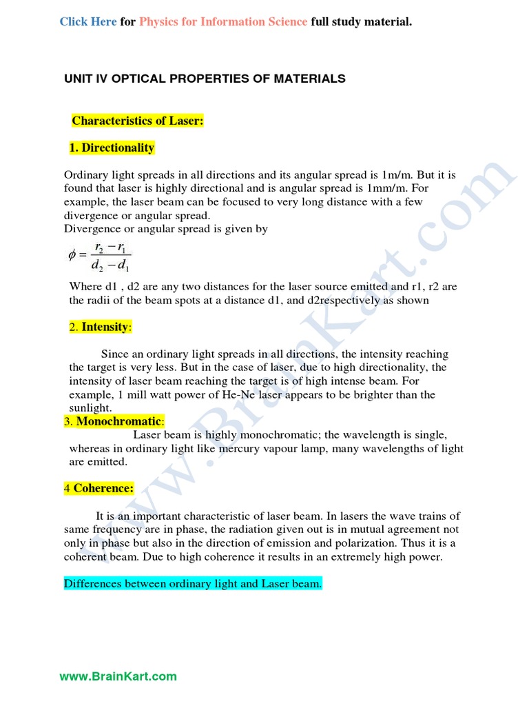 271 - PH8252 Physics For Information Science - Notes UNIT IV OPTICAL ...