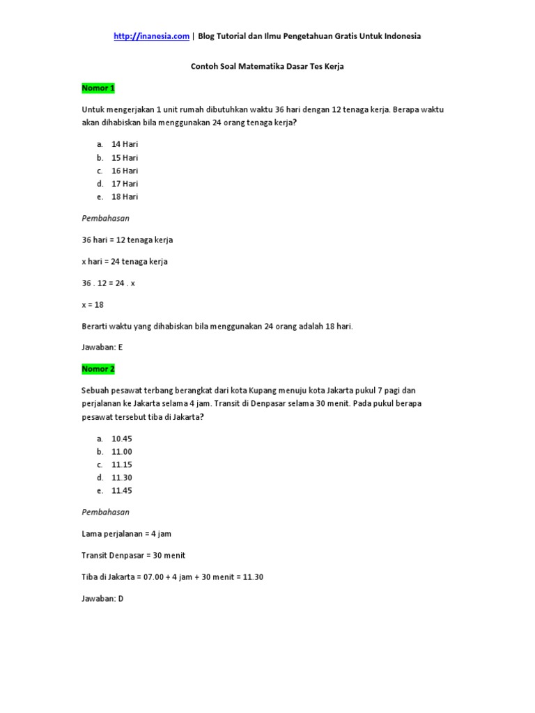 Contoh Soal Matematika Dasar Tes Kerja Pdf