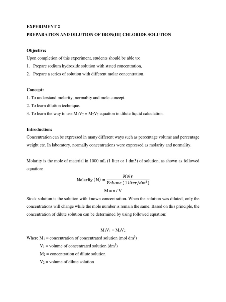 Experiment 2 Preparation and Dilution of Iron (Iii) Chloride Solution PDF