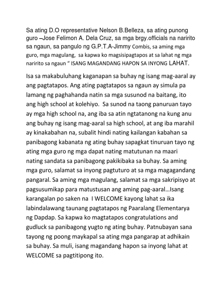 Welcome Remarks Tagalog