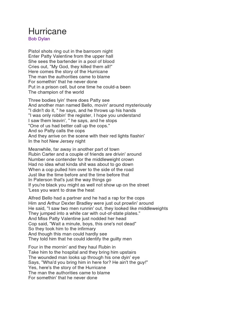 Bob Dylan Hurricane Lyrics PDF Violence