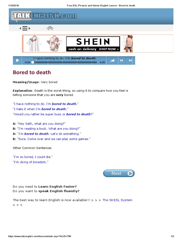 Free ESL Phrases and Idioms English Lesson - Bored To Death | PDF ...