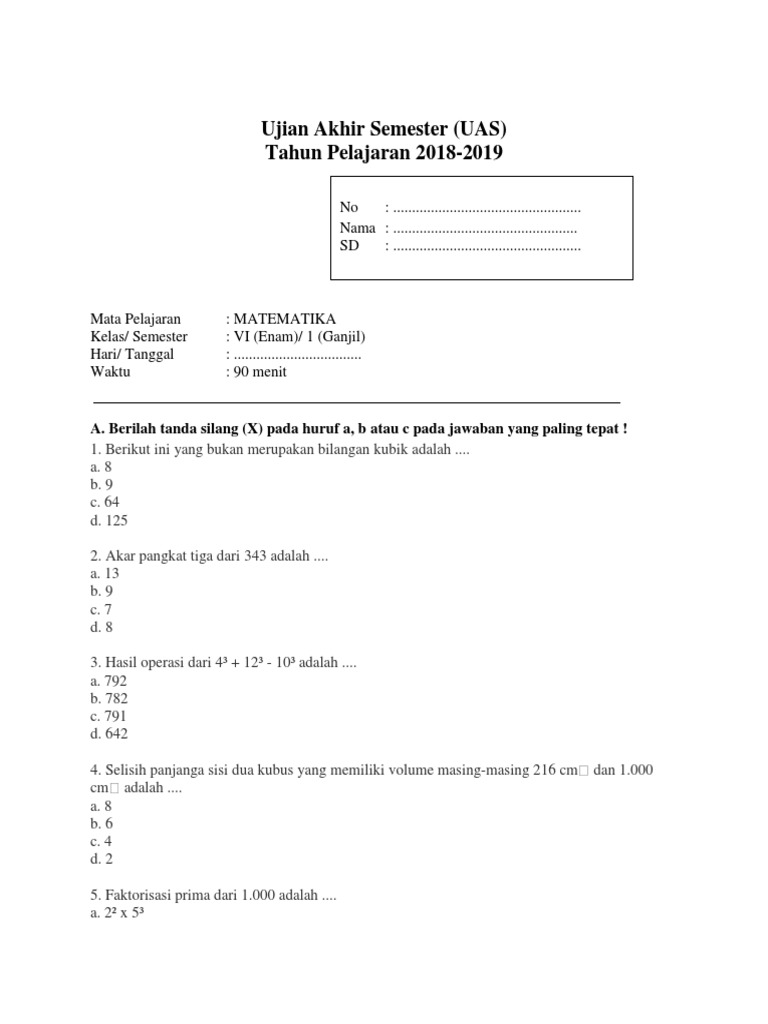 Soal Uas Mtk Kls 6 Smt1 Candraedukasi Blogspot Com Docx