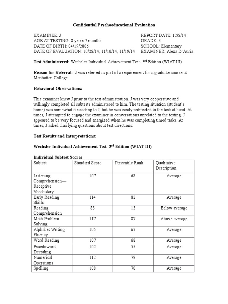WIAT-III Evaluation Results for J | PDF | Reading (Process) | Reading ...
