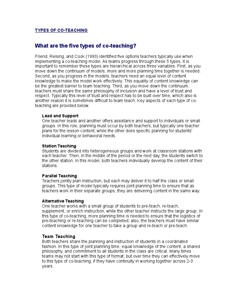 Types of Coteaching | PDF | Teachers | Psychotherapy
