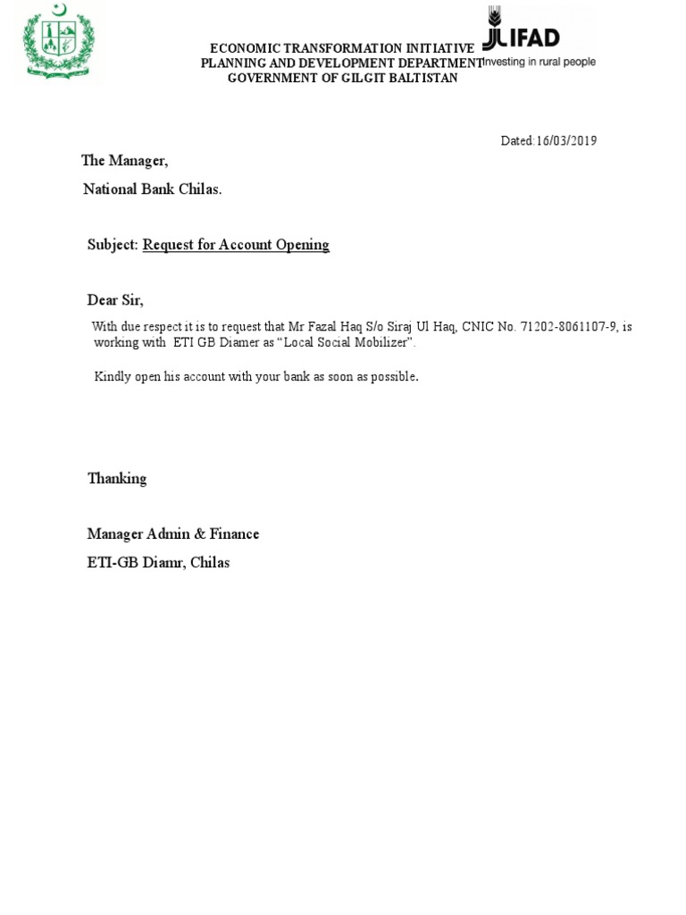 Bank Account Opening Request Letter | PDF | Finance & Money Management