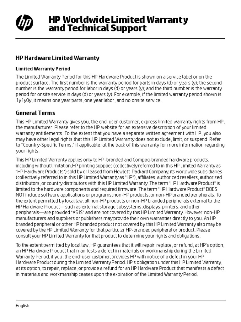 HP Worldwide Limited Warranty and Technical Support PDF Hewlett