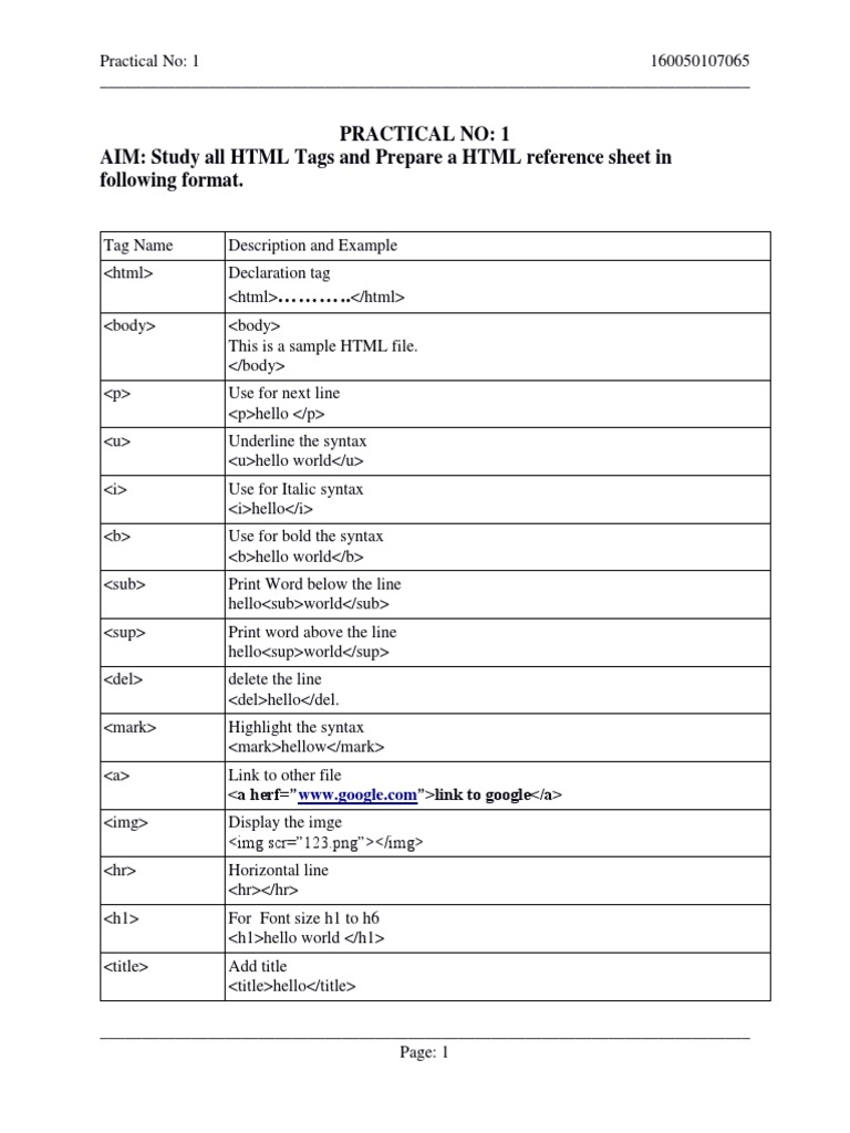 Practical no 1 aim study all html tags and prepare a html reference