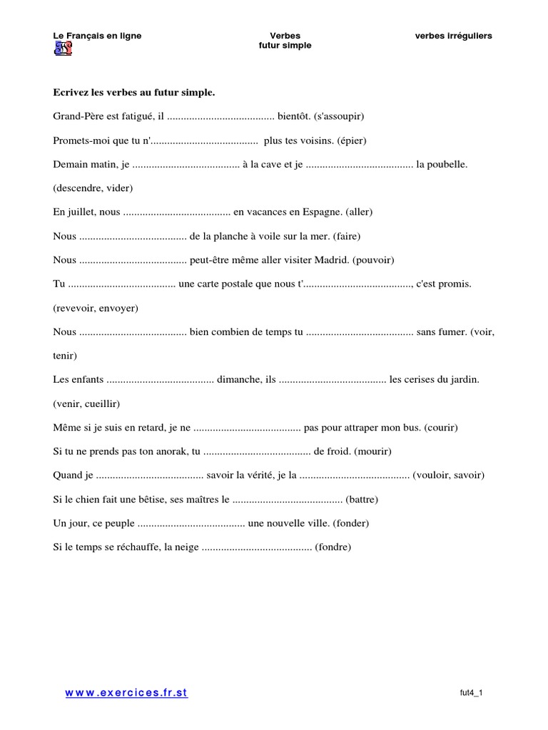 Futur Simple Exercices à Imprimer Futur Simple Verbes Irreguliers PDF | PDF
