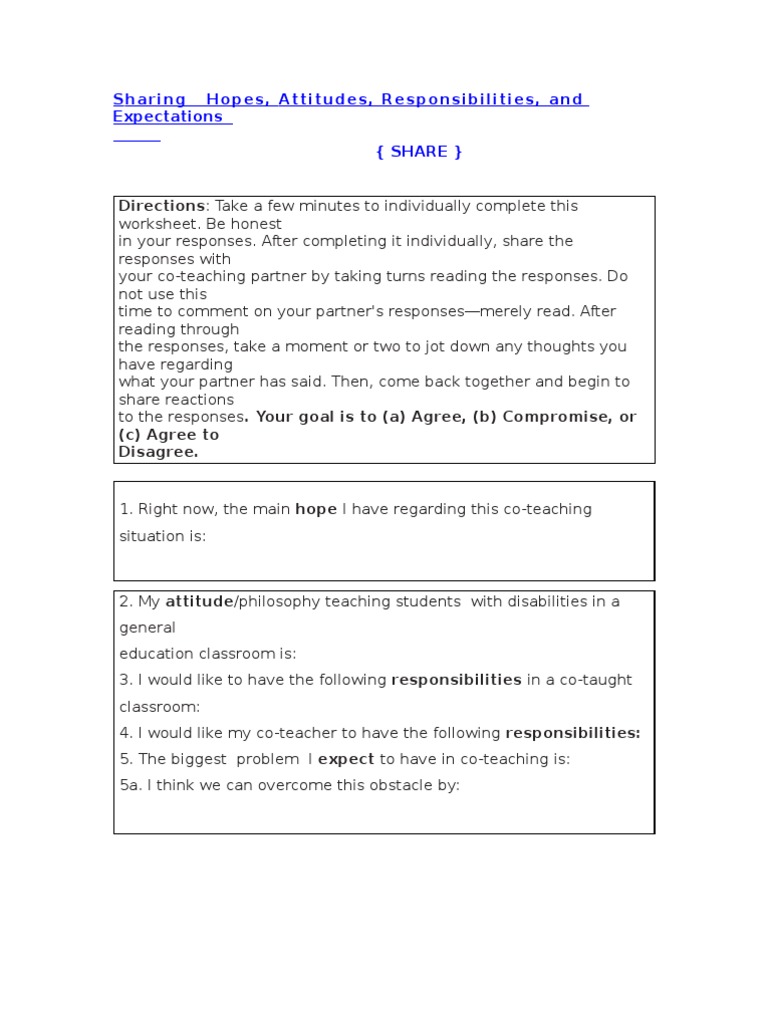 Co-Teaching Expectations Worksheet | PDF | Psychotherapy | Change