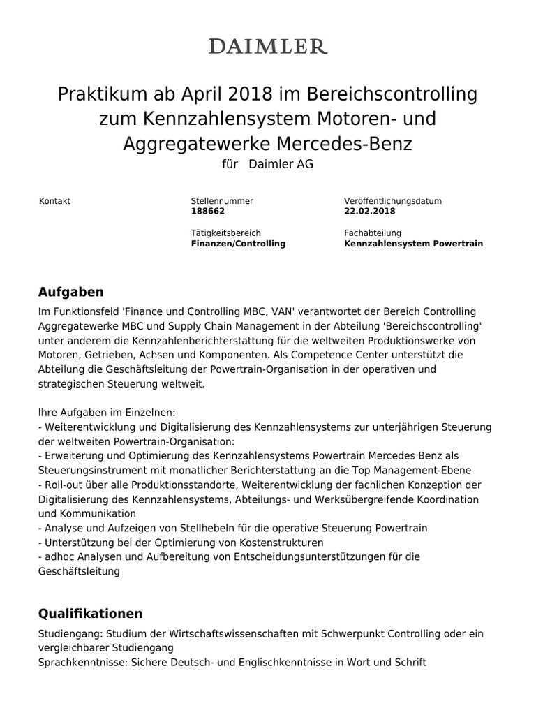 Praktikum Ab April 18 Im Bereichscontrolling Zum Kennzahlensystem Motoren Und Aggregatewerke Mercedes Benz