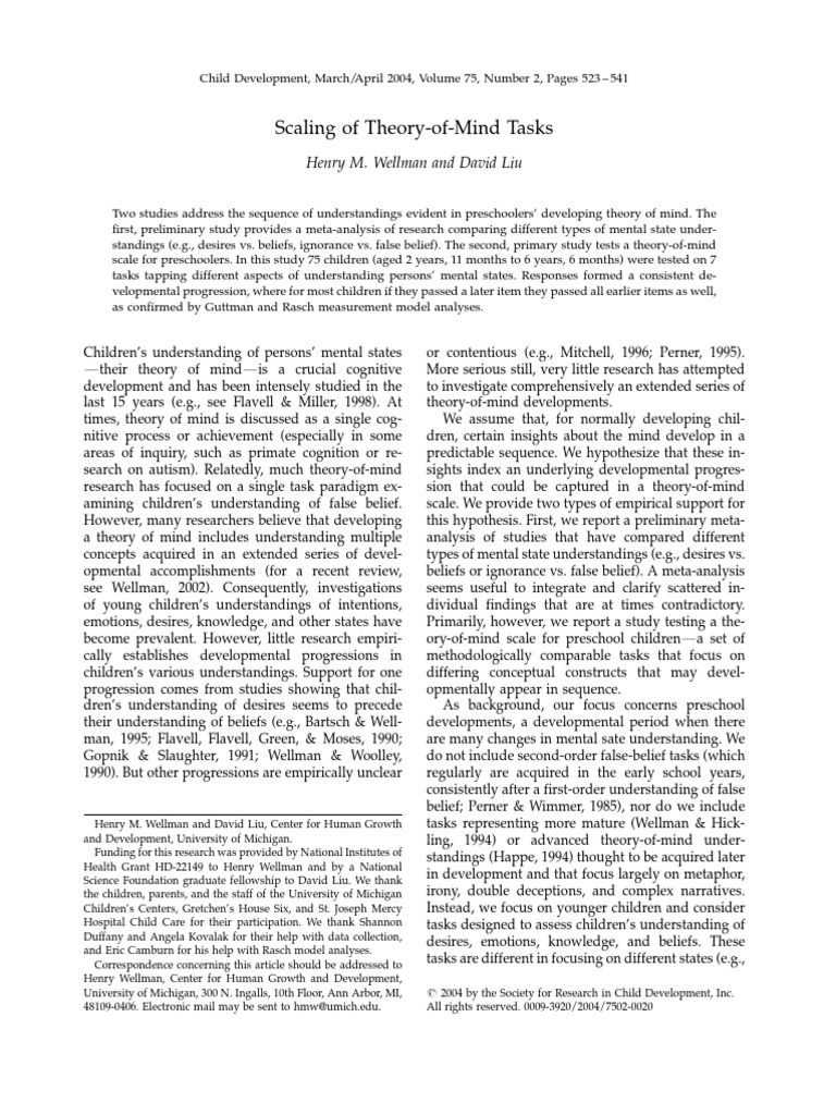 Scaling of Theory of Mind Tasks PDF | PDF | Theory Of Mind | Meta Analysis