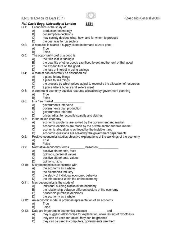 Economics MCQs for Lecturer Exam 2011 | PDF | Average Cost | Supply And ...